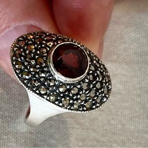 Vintage Sterling Marcasite Garnet Ring
